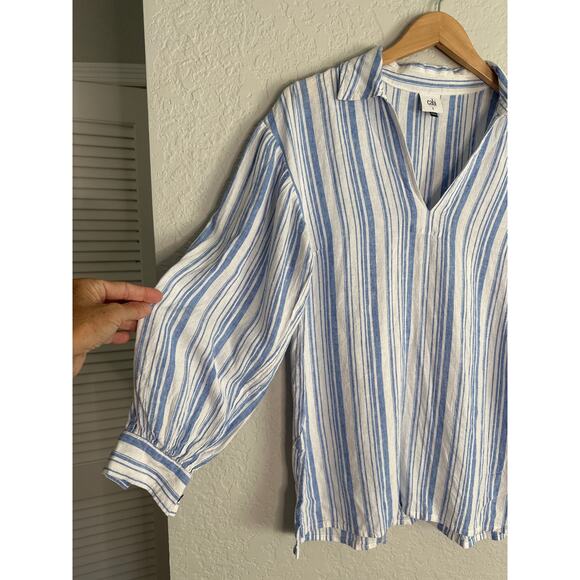 CAbi Pacific Blue Striped Linen Tunic Top Style 5894 Small Coastal Preppy - Picture 3 of 7